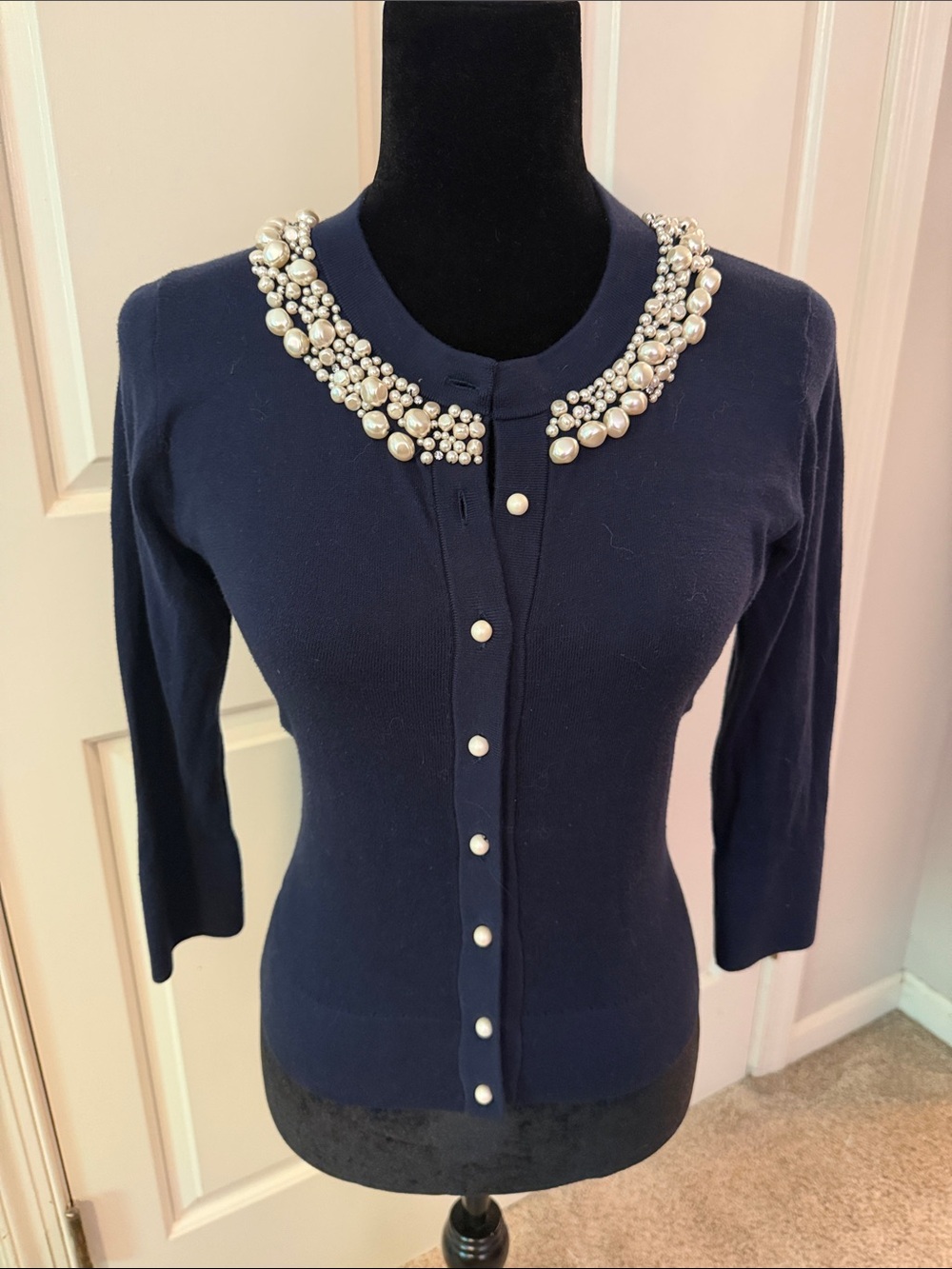 kate spade Elegant Navy Pearl-Embellished Crewneck Cardigan
